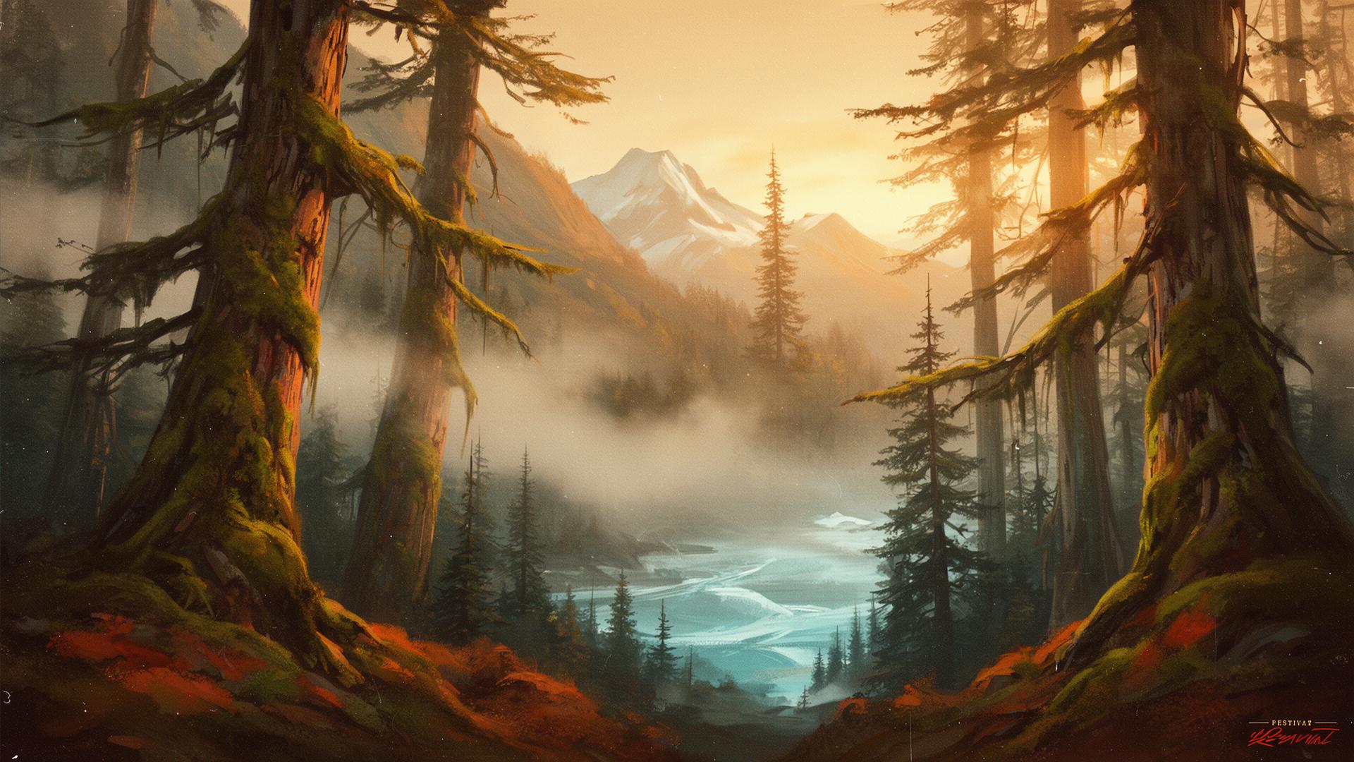 Misty Alaska rainforest with mountains at golden hour